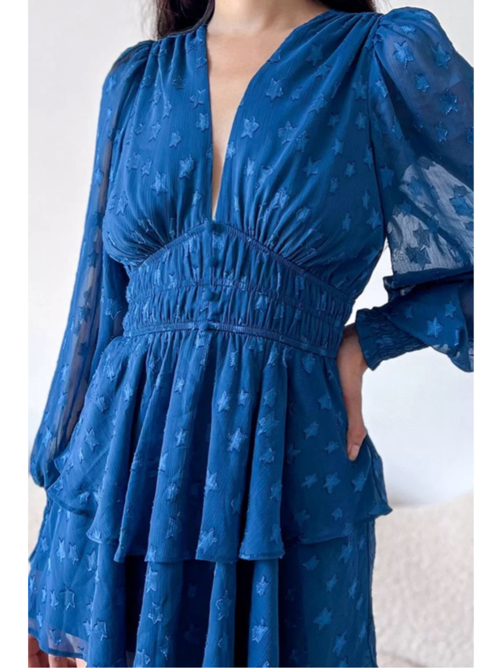 Yumi Kim Yolanda Star Jacquard Silk Mini Dress‎ XS Blue Deep V Long Sleeve